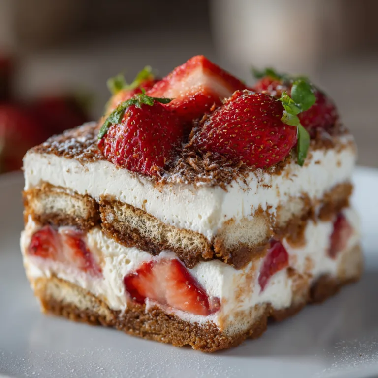 Nahaufnahme Erdbeer-Tiramisu Schichten Mascarpone und Erdbeeren