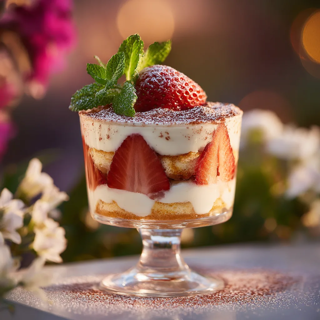 Erdbeer-Tiramisu servierfertig im Glas mit frischer Erdbeere und Minze
