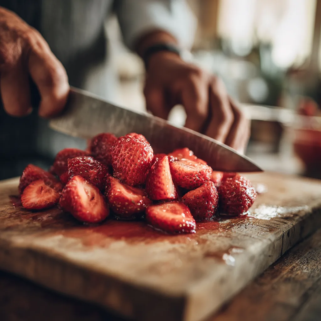 Erdbeer-Tiramisu Zubereitung frische Erdbeeren schneiden Schritt 1