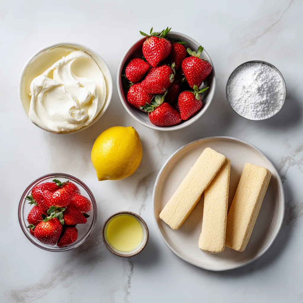 Zutaten für Erdbeer-Tiramisu Flat Lay frische Erdbeeren Mascarpone Löffelbiskuits