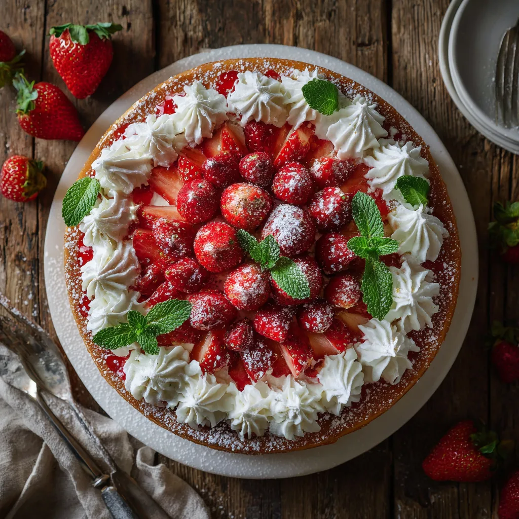 Erdbeerkuchen mit Sahne von oben auf weißem Kuchenständer