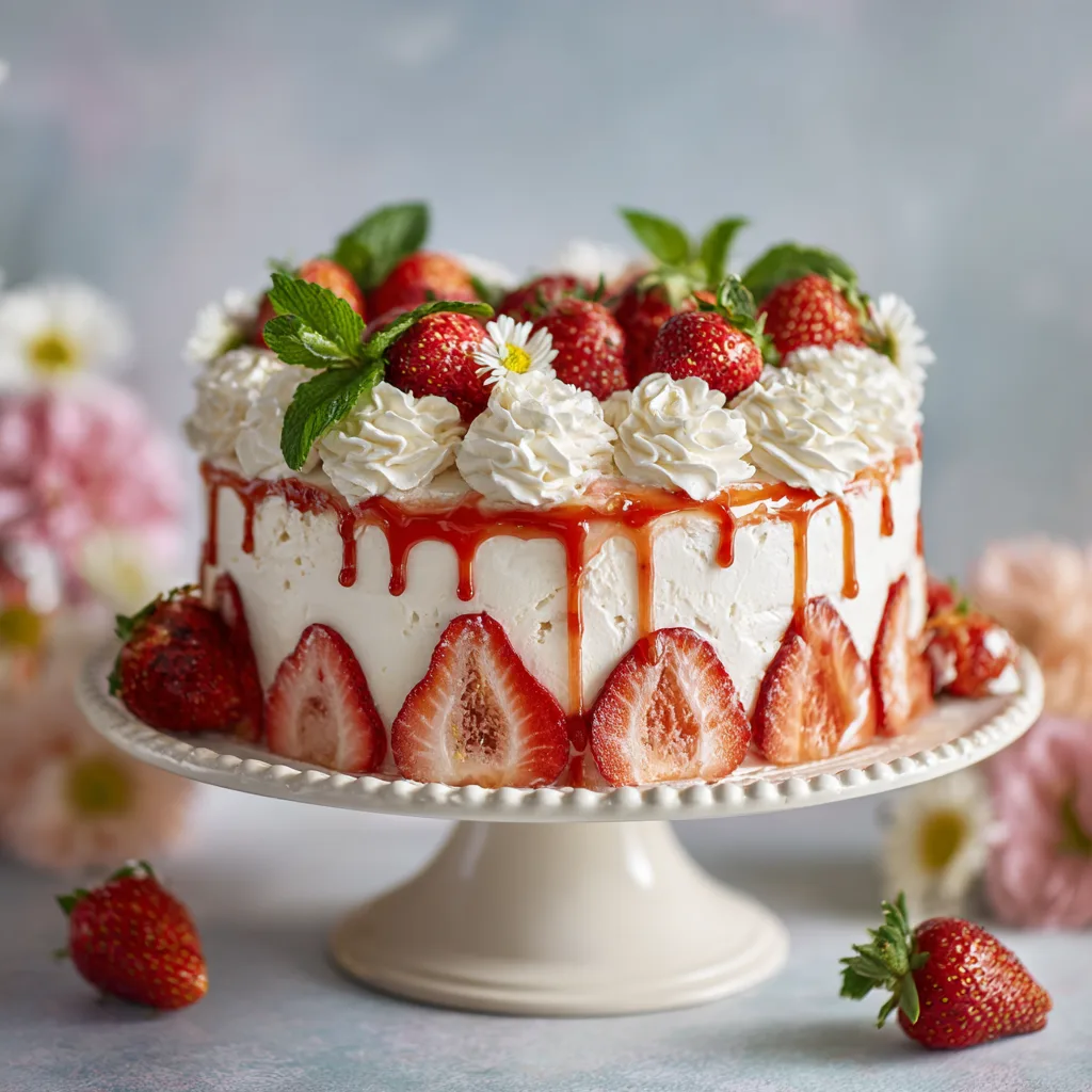Fertiger Erdbeerkuchen mit Sahne auf Kuchenständer mit frischen Erdbeeren