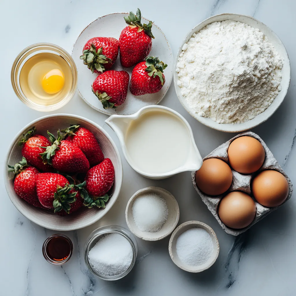 Zutaten für Erdbeerkuchen mit Sahne auf Marmorplatte