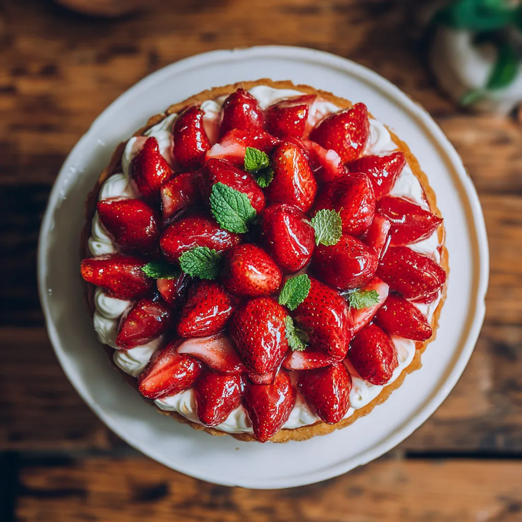 Erdbeerkuchen mit Vanillecreme von oben auf Kuchenständer