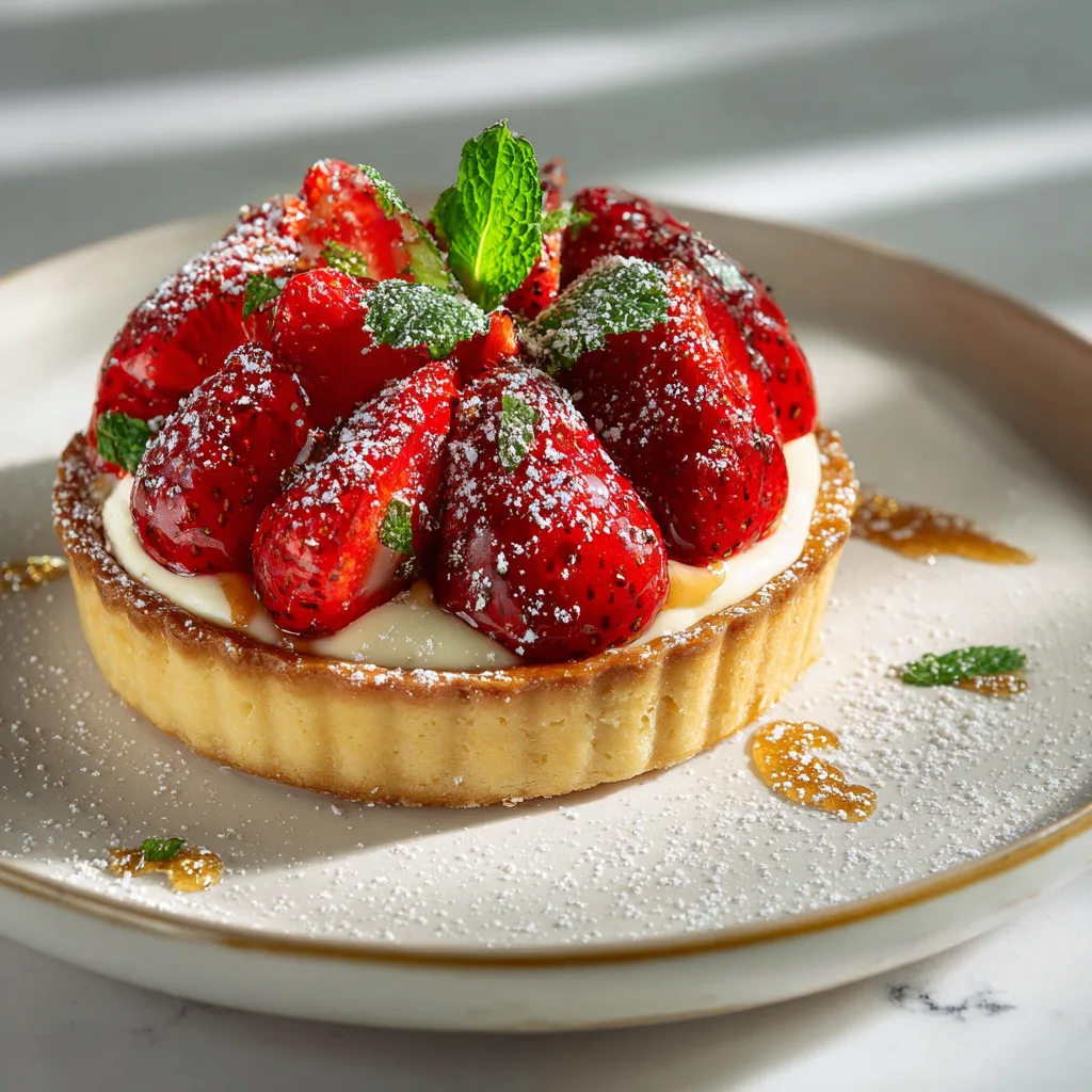 Fertiger Erdbeerkuchen mit Vanillecreme auf weißem Teller