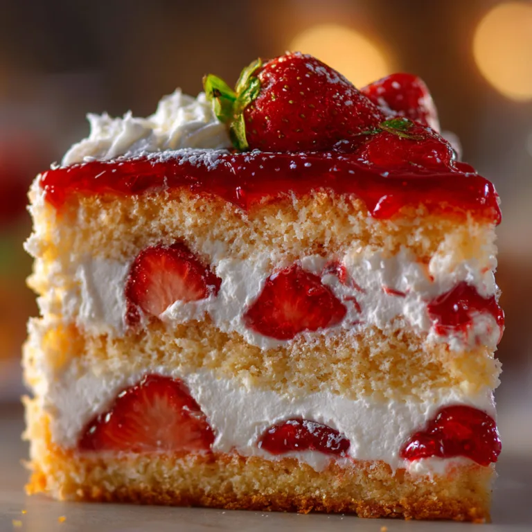 Nahaufnahme Erdbeerkuchen mit Sahne – fluffiger Biskuit und cremige Füllung