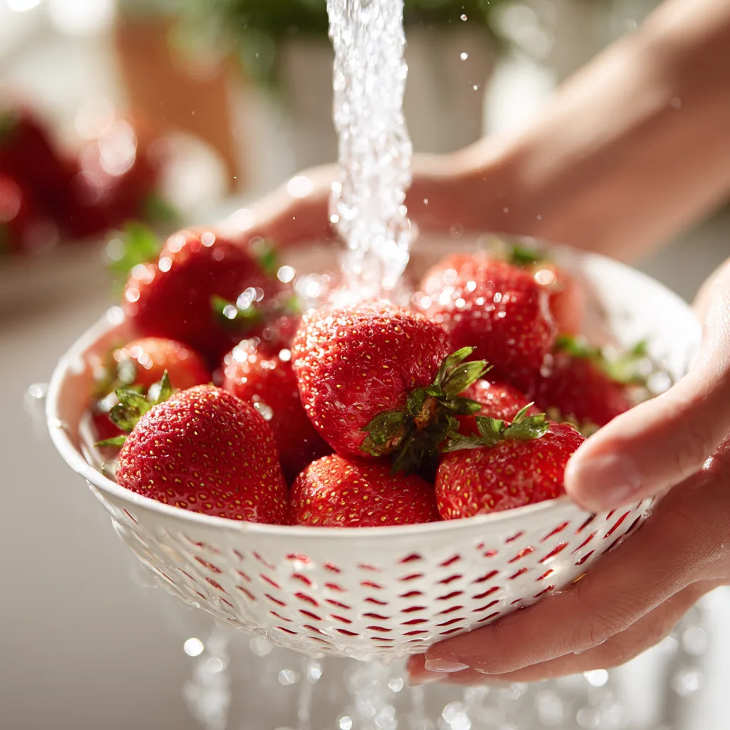 Erdbeeren waschen für Erdbeerkuchen mit Sahne Vorbereitung