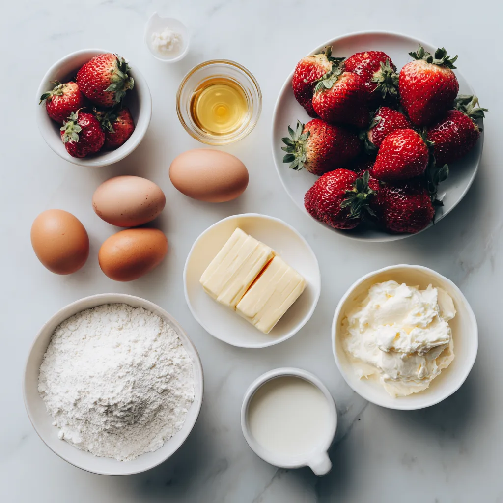 Zutaten für Erdbeerkuchen mit Vanillecreme auf Marmor