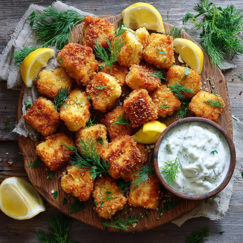 Fisch-Nuggets aus Lachs auf einem Holzbrett mit Zitrone und Joghurt-Dip
