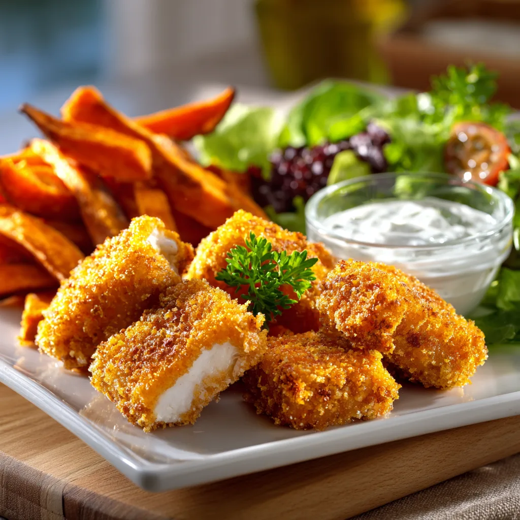 Fertige Fisch-Nuggets aus Lachs mit Beilagen serviert