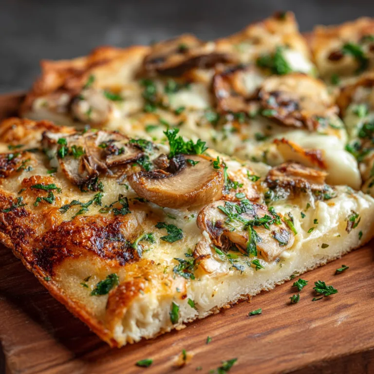 Nahaufnahme knuspriger Rand Flammkuchen mit Champignons