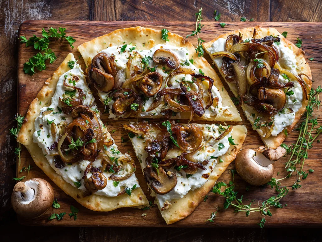 Flammkuchen mit Champignons von oben auf Holzbrett