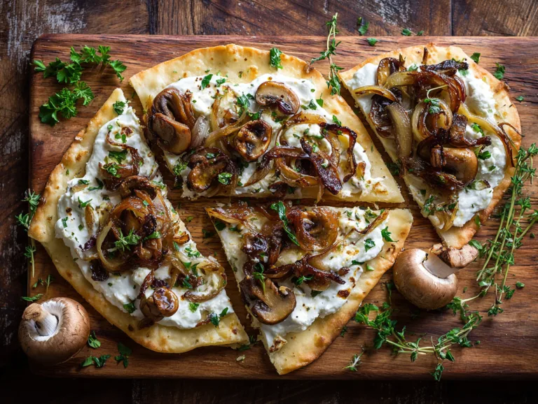 Flammkuchen mit Champignons von oben auf Holzbrett