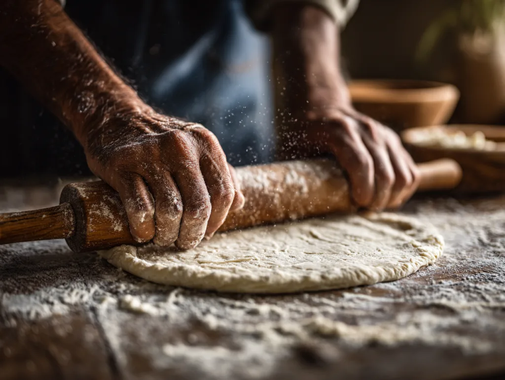 Flammkuchen Teig ausrollen Schritt für Schritt