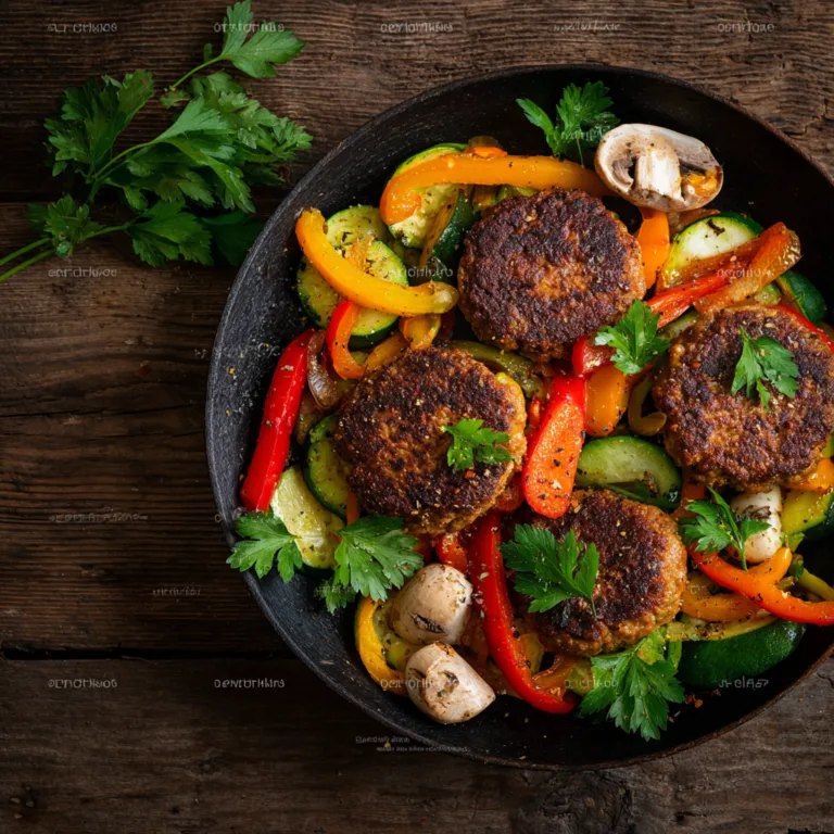 Frikadellen mit Gemüse von oben auf rustikalem Holztisch