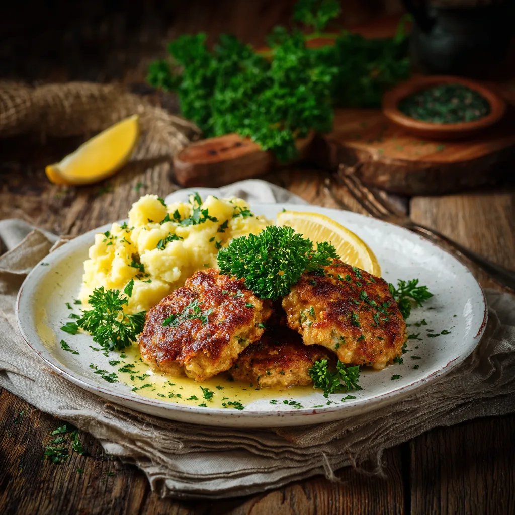 Fertige Frikadellen mit Gemüse auf weißem Teller angerichtet