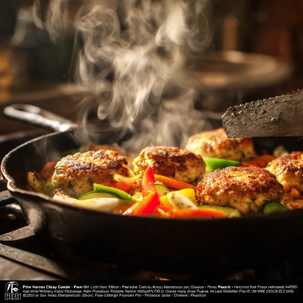 Frikadellen mit Gemüse in gusseiserner Pfanne braten