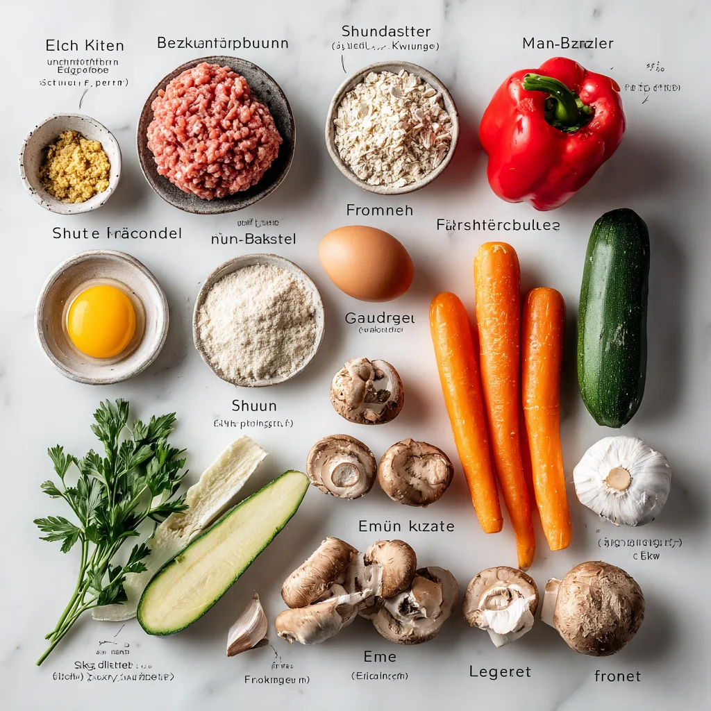 Alle Zutaten für Frikadellen mit Gemüse auf Marmor angeordnet