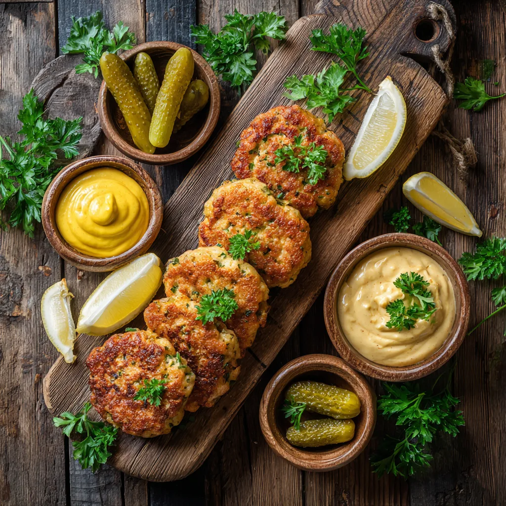 Frikadellen selbst machen – goldbraune Fleischbällchen auf Holzbrett von oben