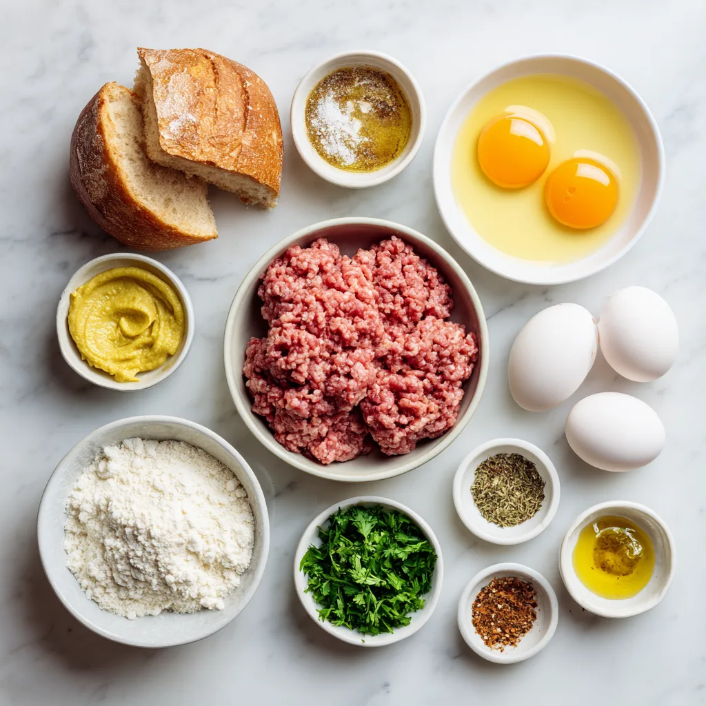 Frikadellen selbst machen – alle Zutaten auf Marmorfläche