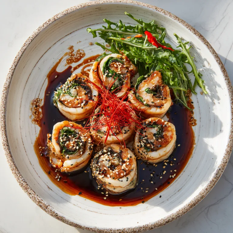 Garnelen Rouladen Wirsing mit Ingwer-Sojasauce auf weißem Teller – Draufsicht