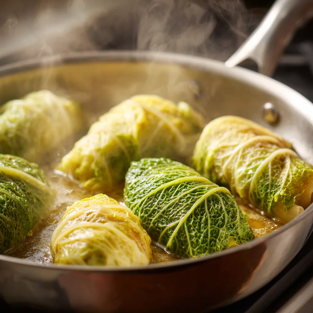 Garnelen Rouladen Wirsing beim Dämpfen in der Pfanne – Kochschritt