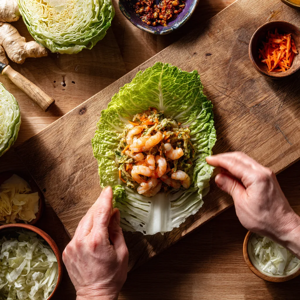 Vorbereitung der Garnelen Rouladen Wirsing – Füllung auf Wirsingblatt legen