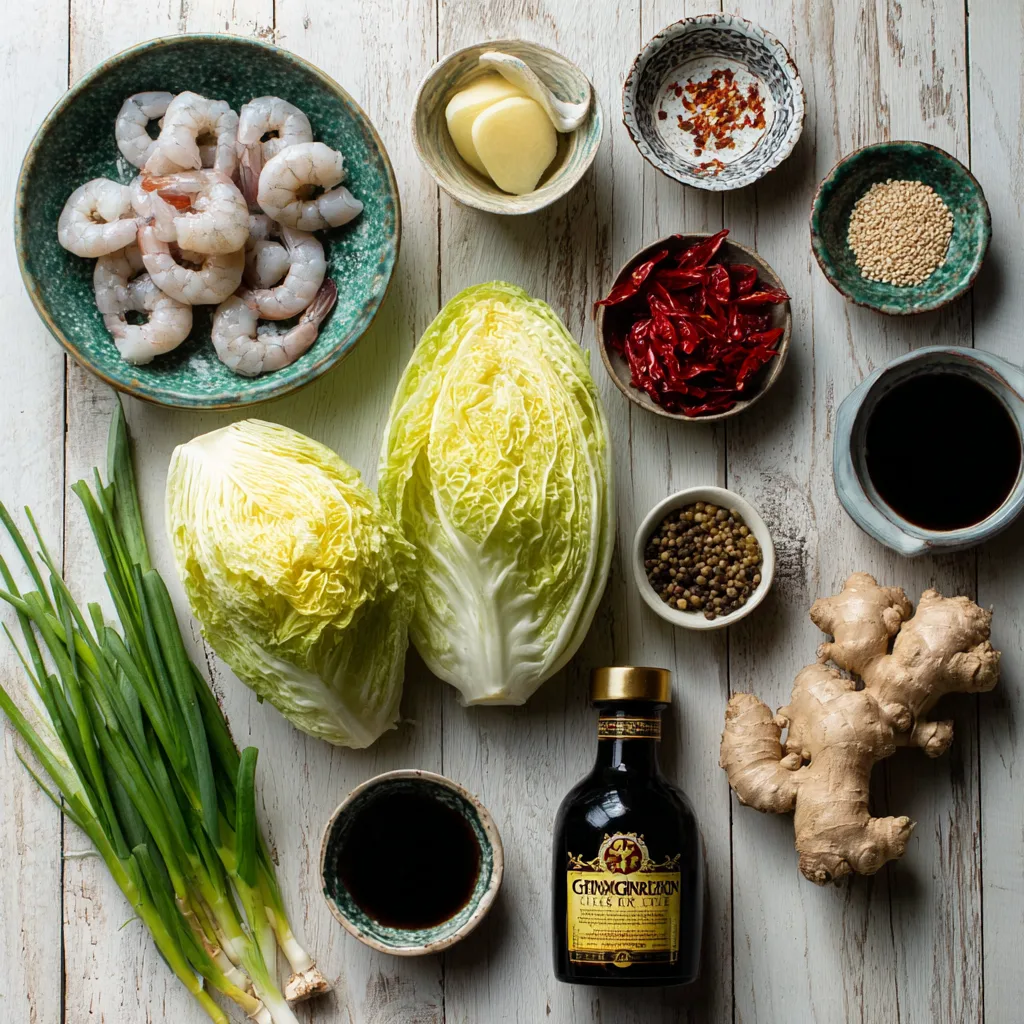 Alle Zutaten für Garnelen Rouladen Wirsing auf Holzoberfläche – Flat Lay