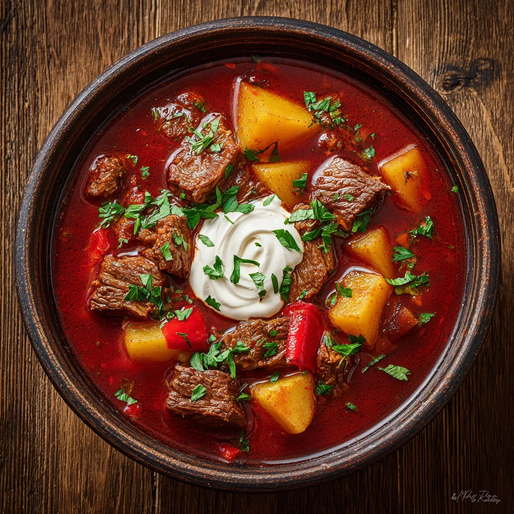 Gulaschsuppe von oben in rustikaler Schüssel mit Petersilie