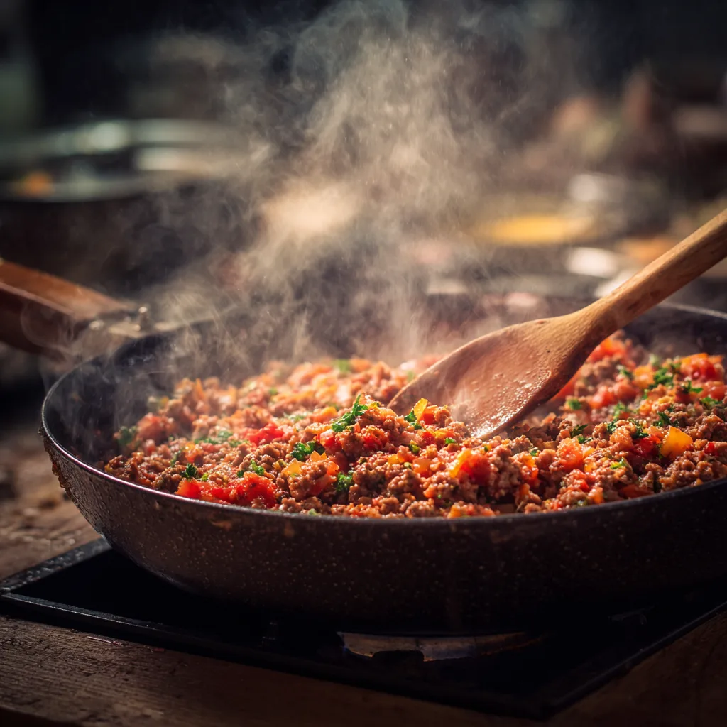 Hackfleisch mit verstecktem Gemüse in Tomatensoße anbraten