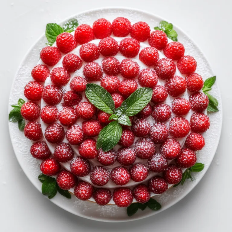 Himbeertorte von oben mit frischen Himbeeren auf weißem Tortenständer