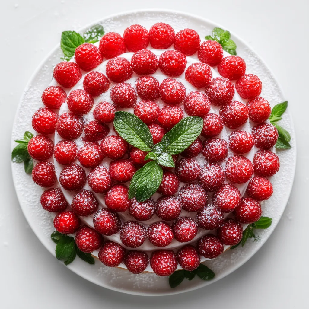 Himbeertorte von oben mit frischen Himbeeren auf weißem Tortenständer