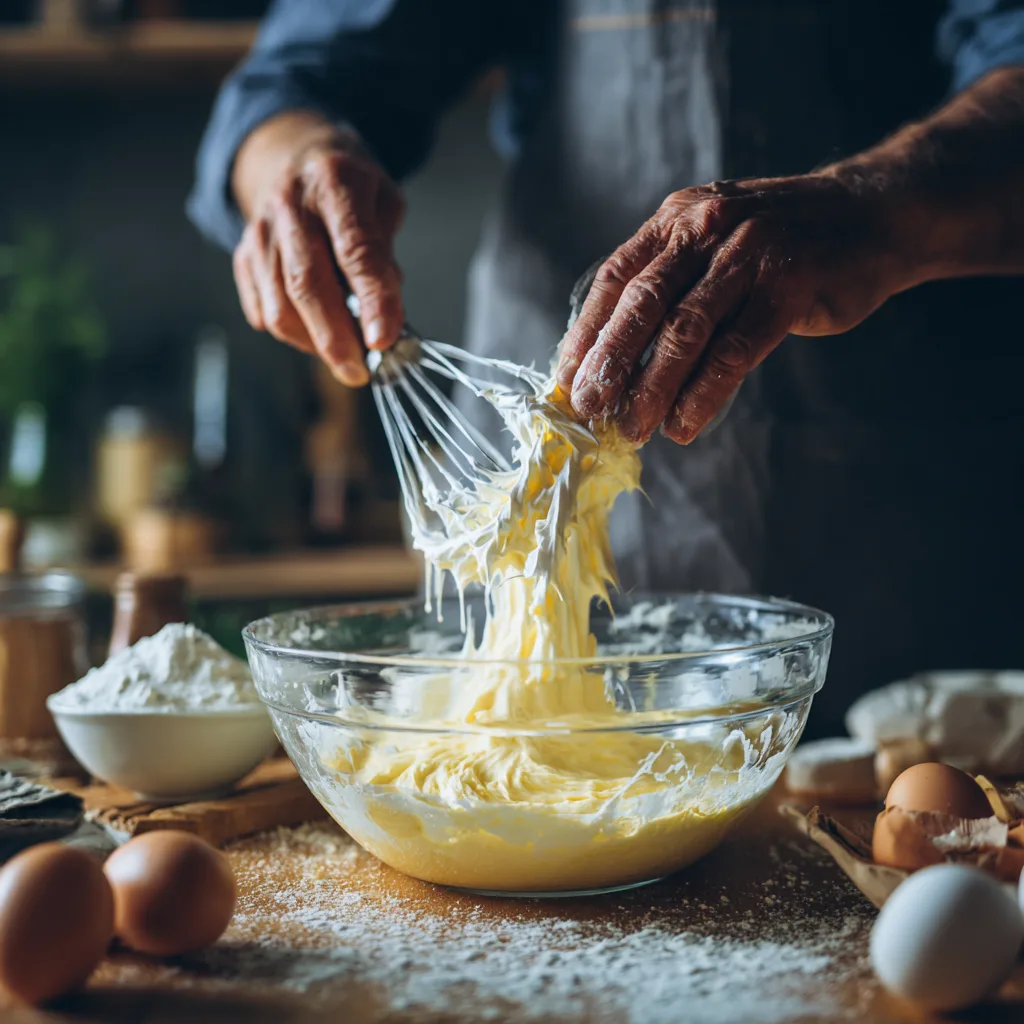 Hände falten Eischnee in Biskuitteig für Himbeertorte