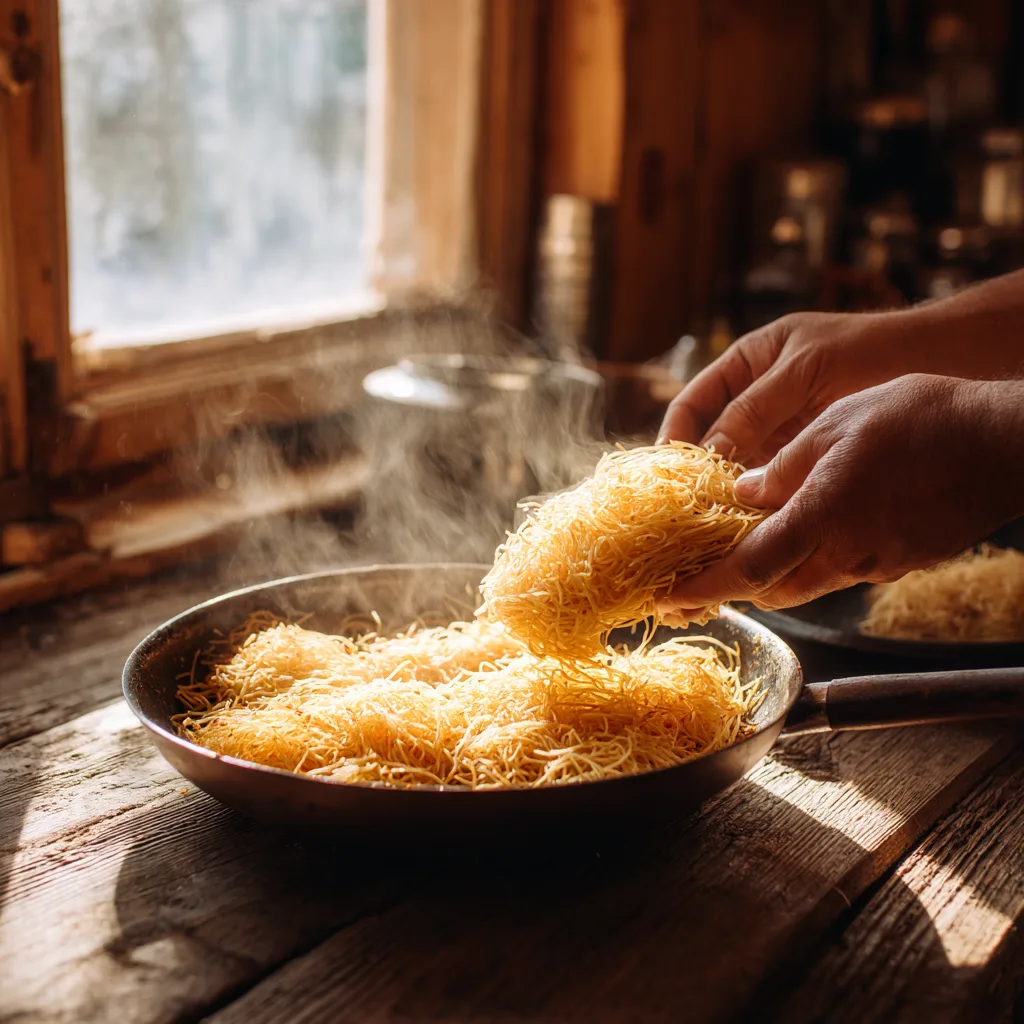 Kadayıf-Teig in Butter rösten – Zubereitungsschritt für Dubai Schokolade mit Erdbeeren