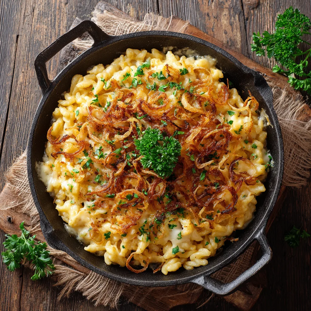 Pâtes au fromage avec oignons frits