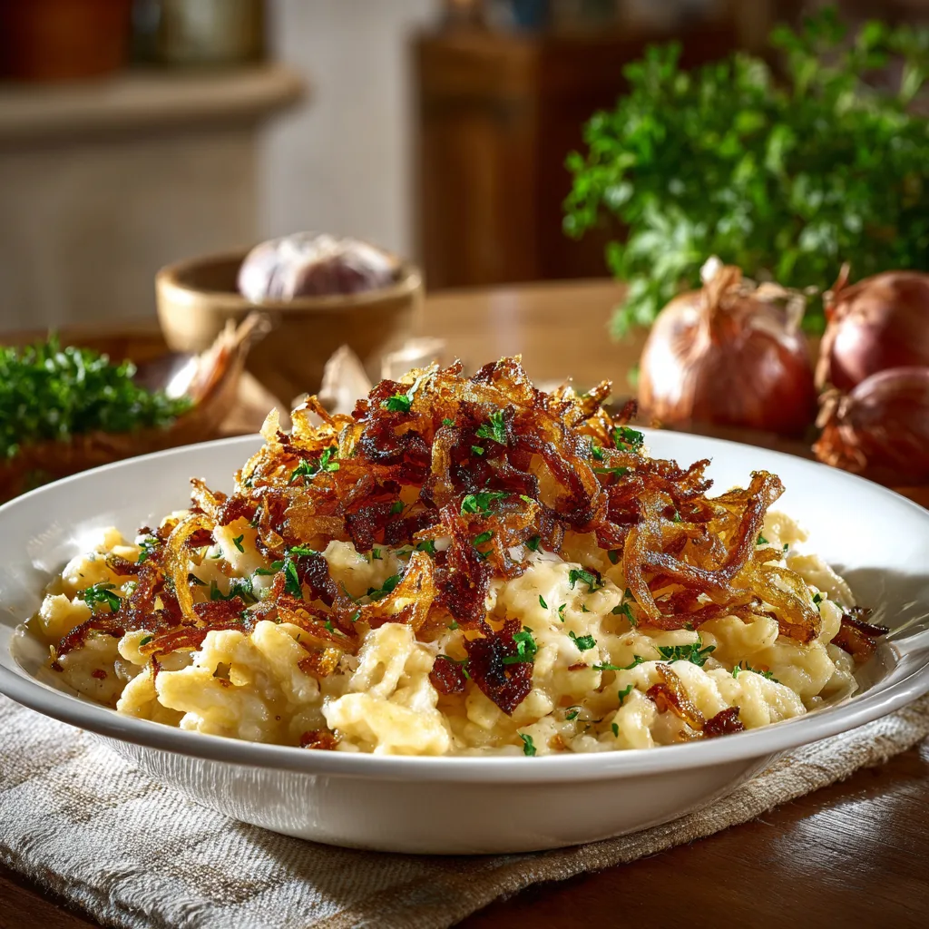 Fertiges Gericht Käsespätzle mit Röstzwiebeln serviert auf einem Teller