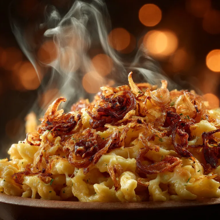 Nahaufnahme von geschmolzenem Käse auf Käsespätzle mit Röstzwiebeln
