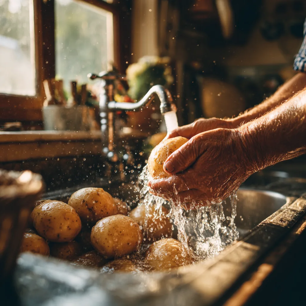 Kartoffeln waschen als Vorbereitung für Ofenkartoffeln mit Kräuterquark