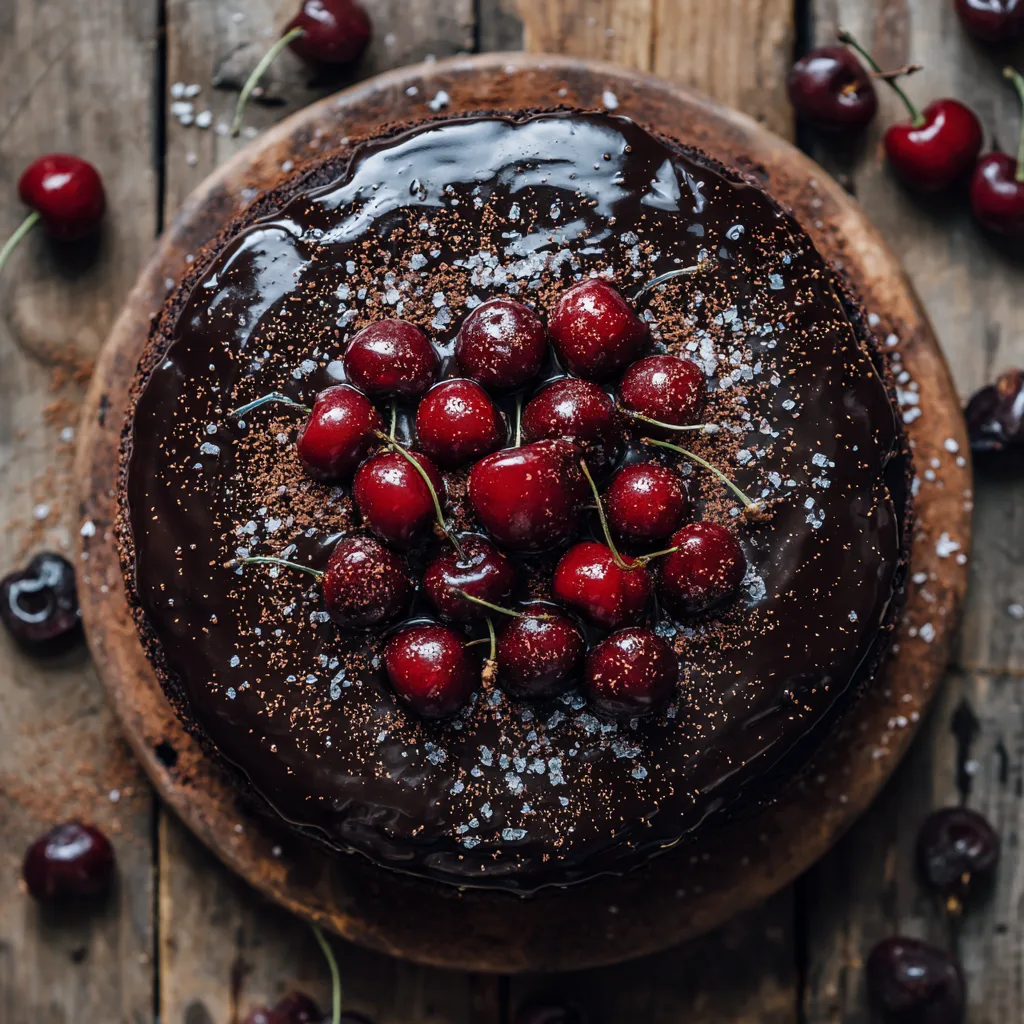 Kirsch Schoko Genuss Kuchen von oben – ganzer Schoko-Kirsch-Kuchen mit Glasur