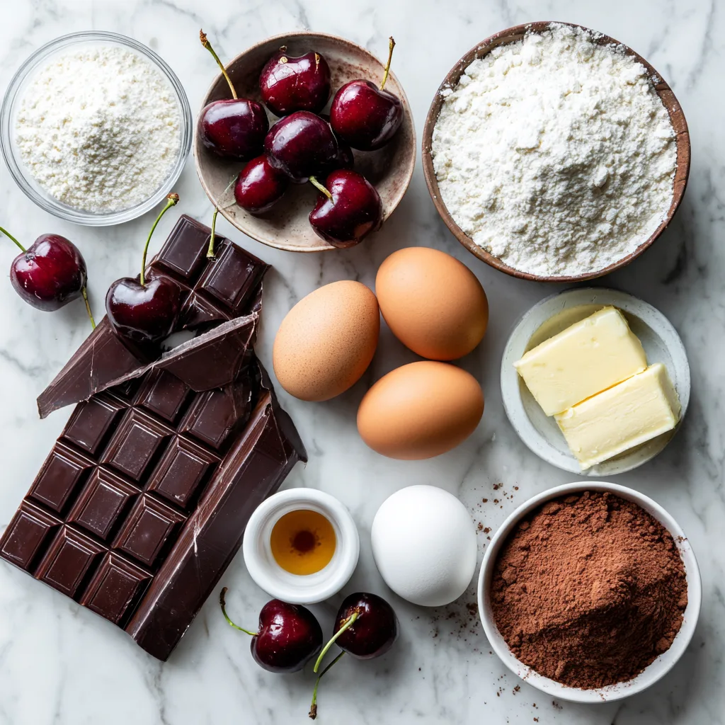 Zutaten für Kirsch Schoko Genuss Kuchen – Schokolade, Kirschen, Mehl und mehr