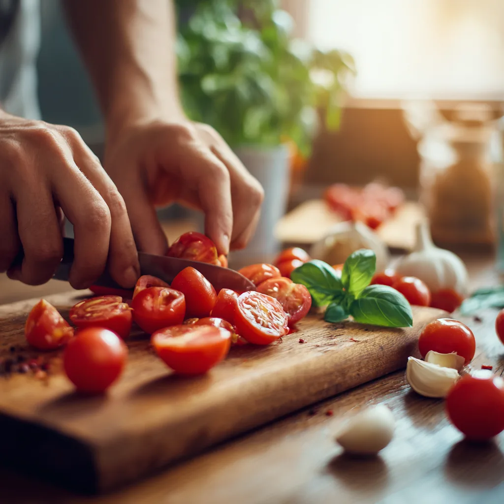 Kirschtomaten schneiden für Nudeln mit Pesto Rezept