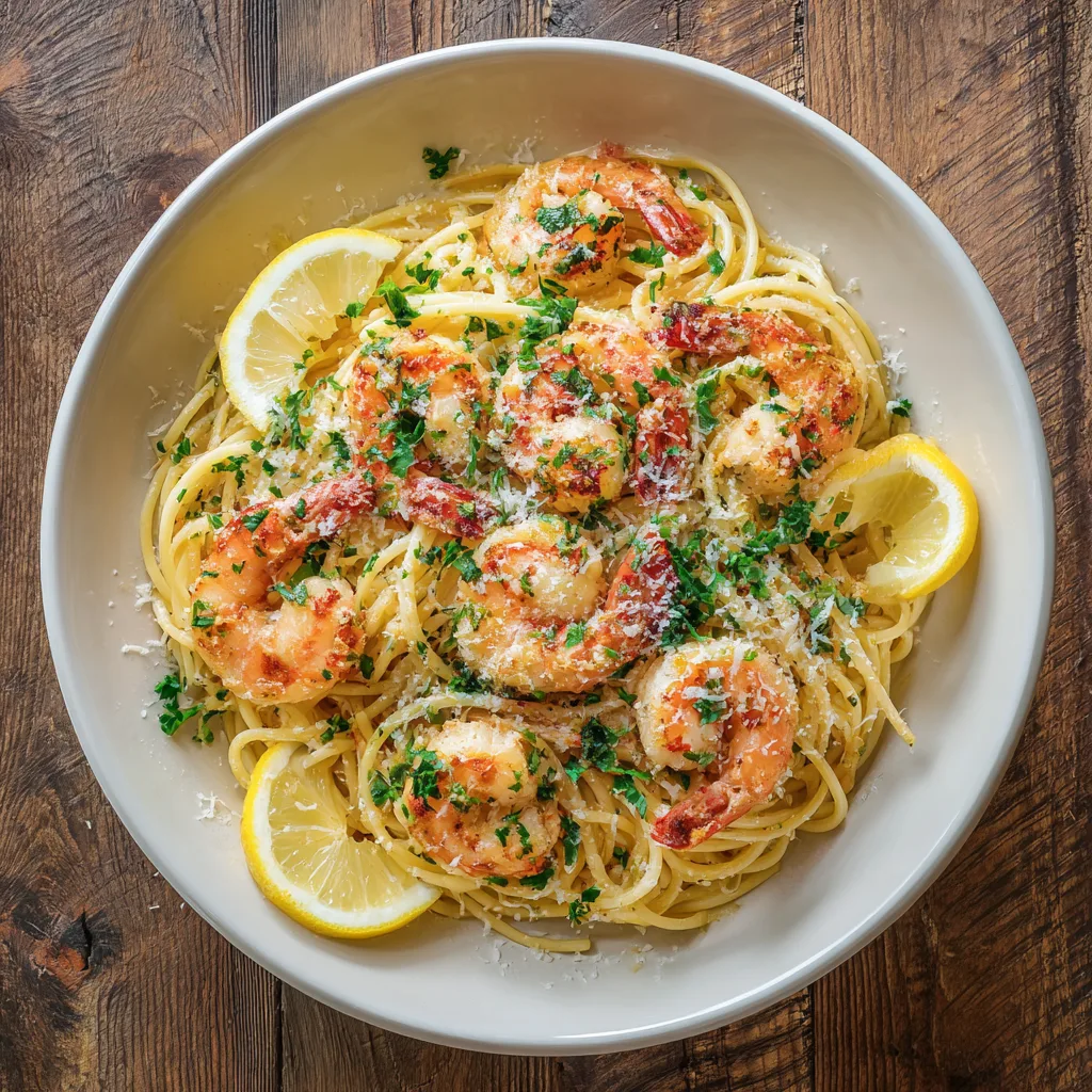 Knoblauch Butter Garnelen Pasta von oben in einem weißen Pastateller mit Petersilie und Zitrone