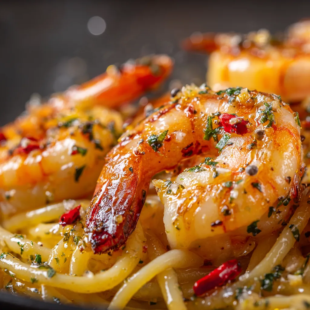 Nahaufnahme von Garnelen in Knoblauch-Buttersauce mit Chiliflocken auf Pasta