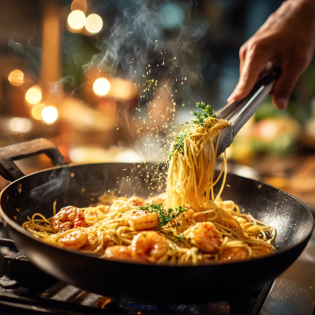 Knoblauch Butter Garnelen Pasta wird in einer Pfanne mit Zange geschwenkt