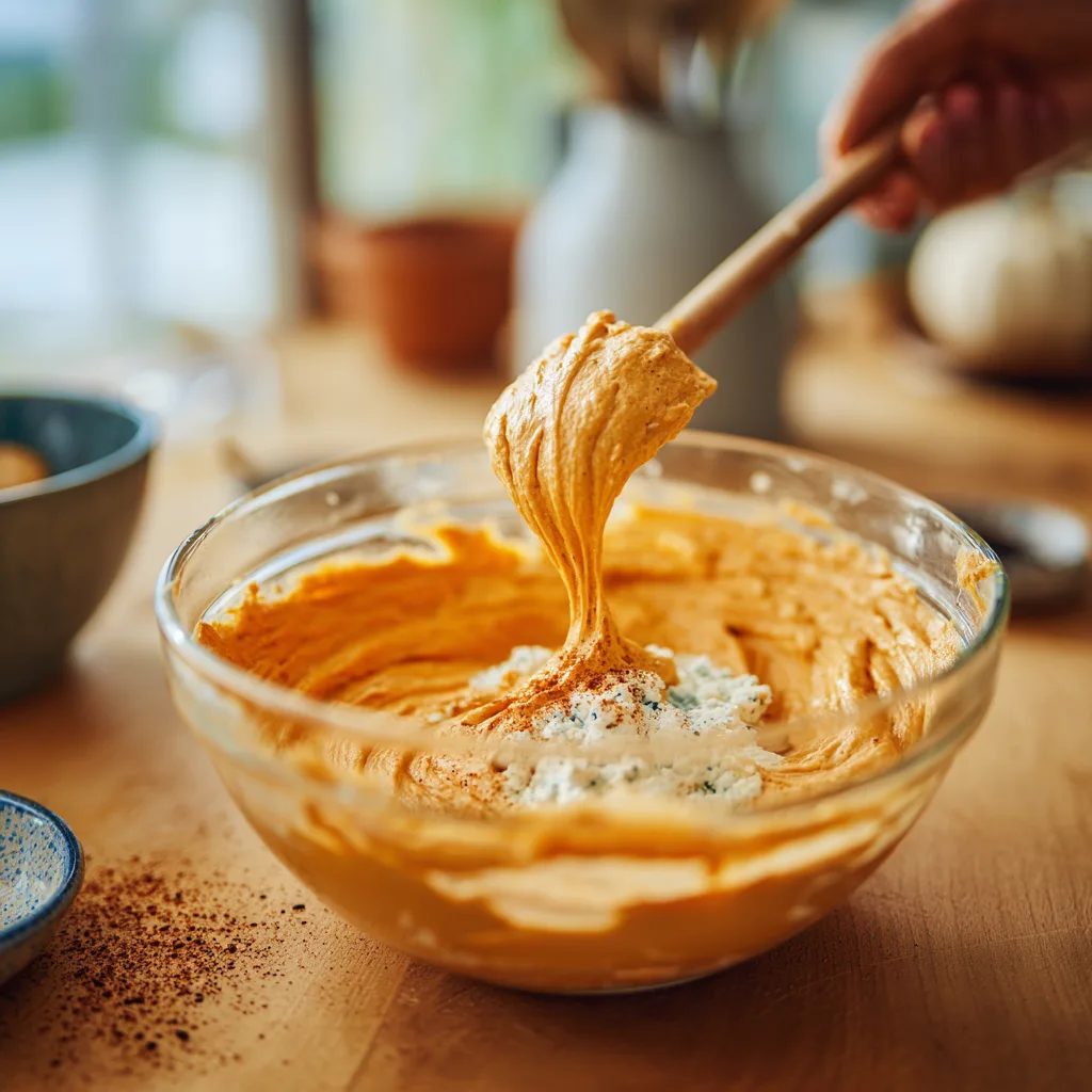 Kürbis Cheesecake Füllung mit Frischkäse und Kürbispüree mischen