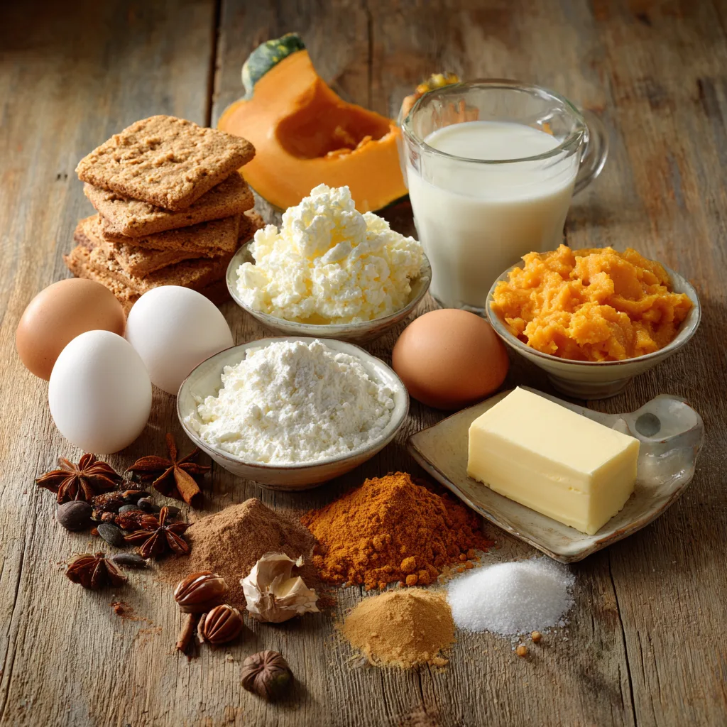 Nahaufnahme eines Stücks Kürbis-Cheesecake mit cremiger Textur.