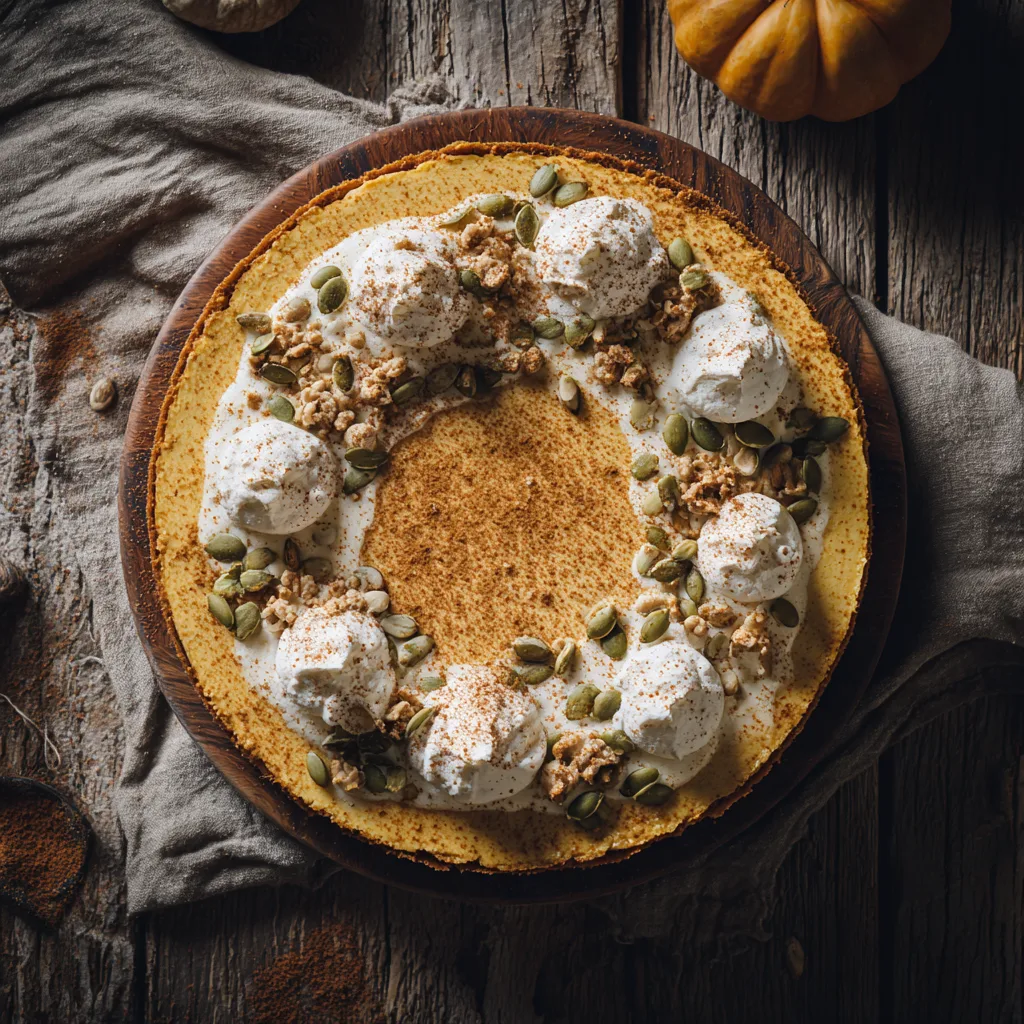Kürbis Saftiger Cheesecake von oben auf rustikalem Holztisch