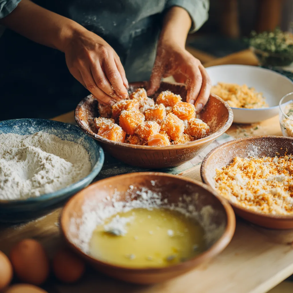 Lachs-Nuggets panieren – Mehl, Ei und Paniermehl