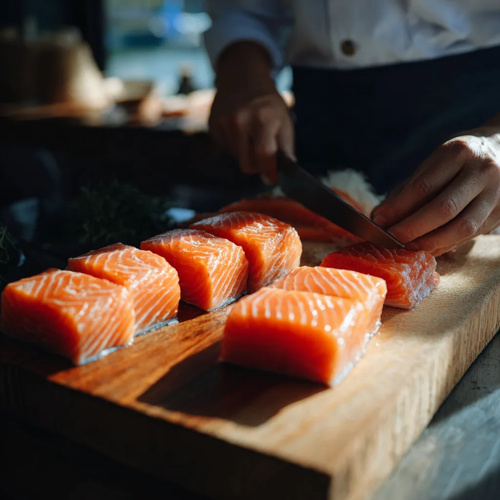 Lachsfilet in Würfel schneiden für Fisch-Nuggets aus Lachs
