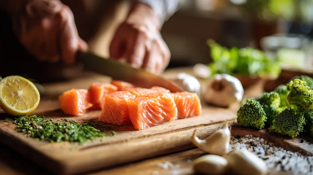 Lachs schneiden für Nudeln mit Brokkoli und Lachs Rezept